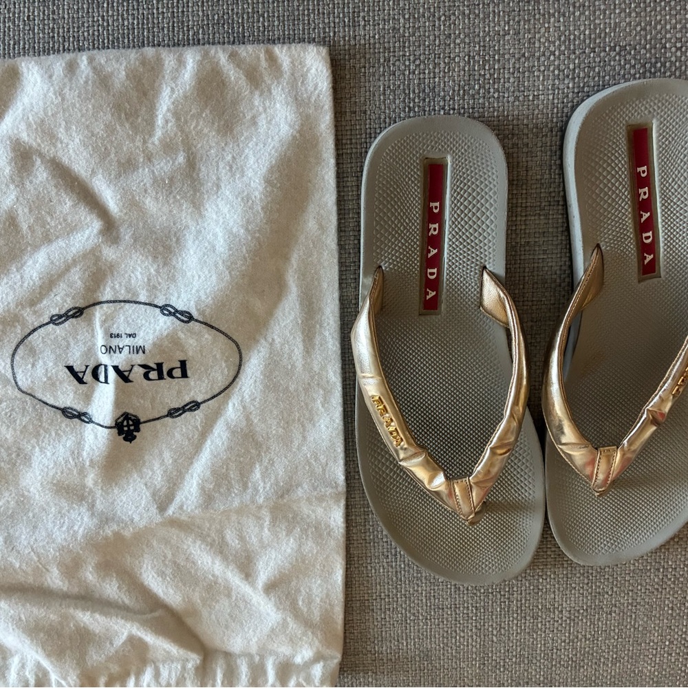 Prada Metallic Gold Slides with Logo